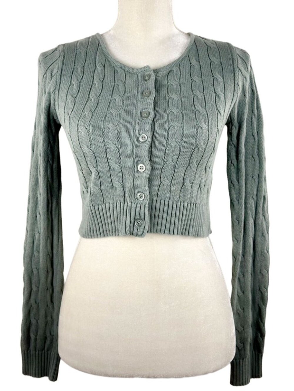 John Galt Womens One Size Cropped Cardigan Sweater Sage Green Cotton Cable Knit